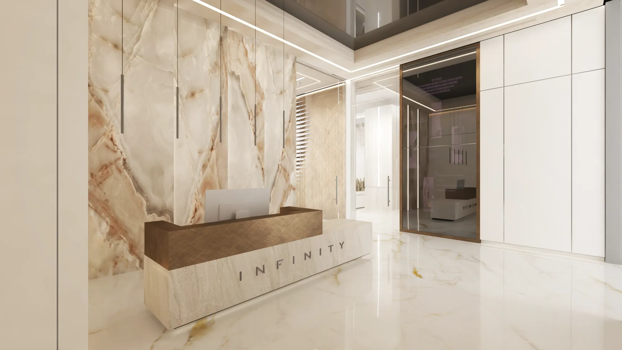 Render of the Infinity reception with onyx wall and bronze desk