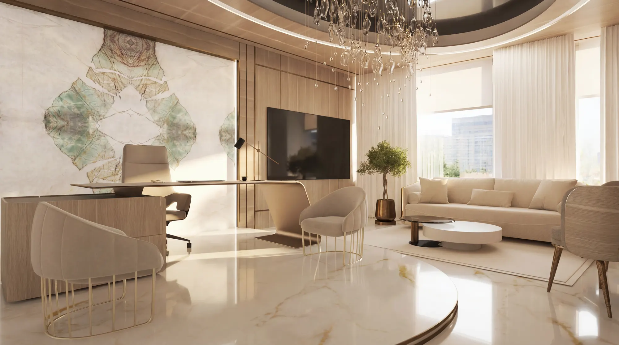 Render of an executive office with a curved desk, lounge seating and a crystal chandelier