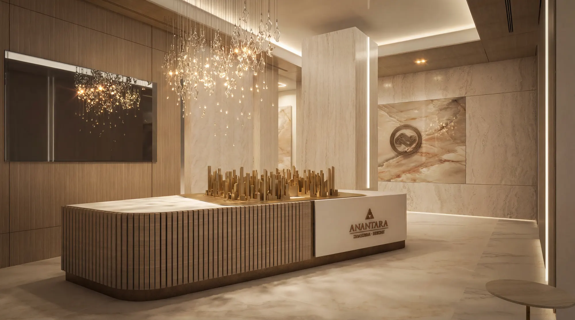 Render of a reception with a bronze city-model centrepiece and Anantara signage